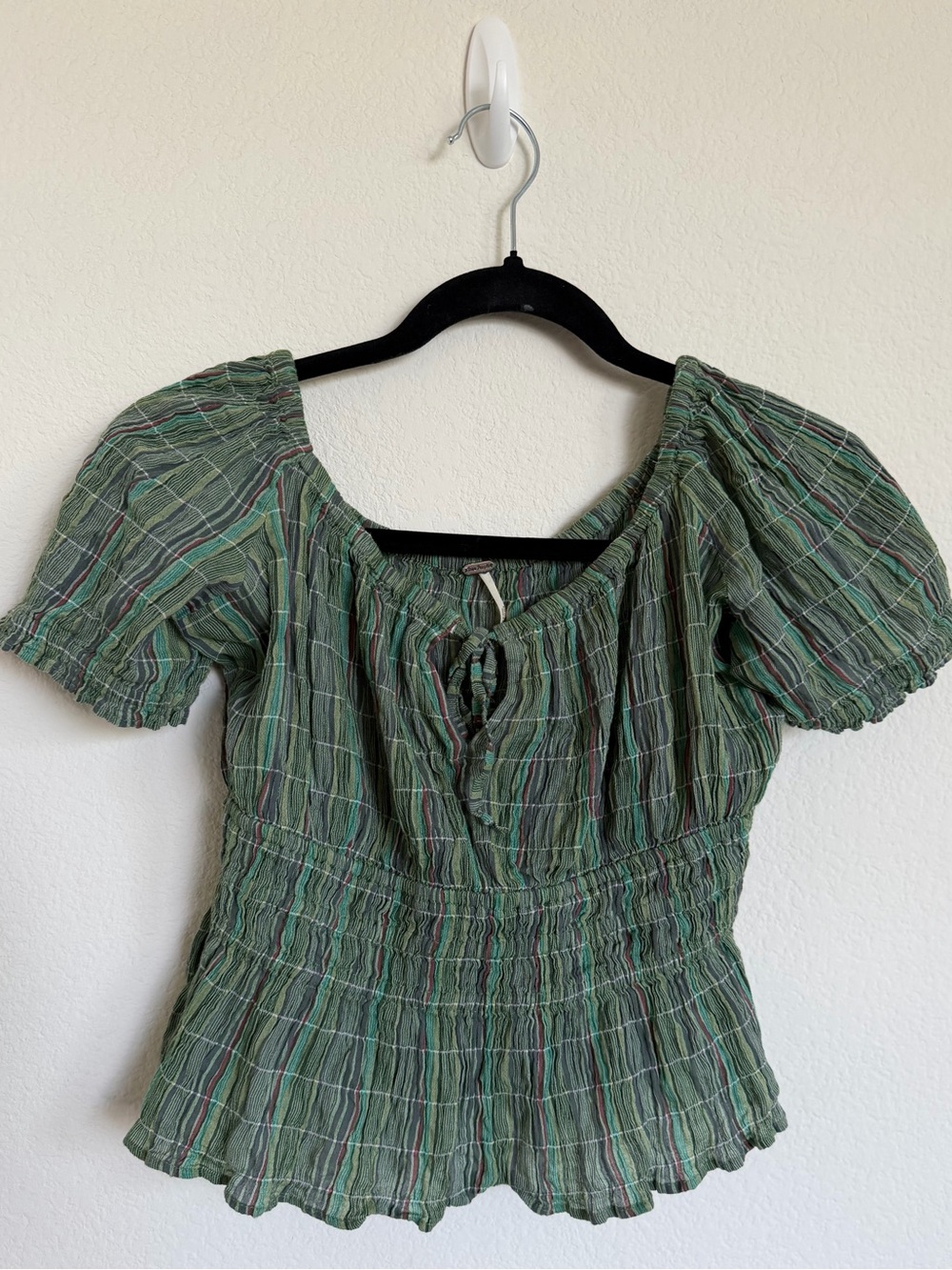 Free People Vivi smocked  Green Plaid Peasant Top - Women